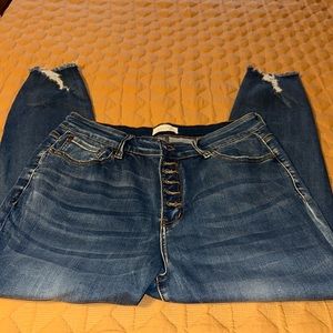 Size 17 nature denim button fly distressed bottom of legs